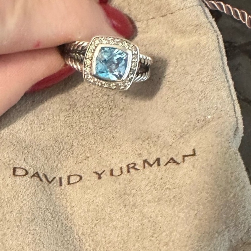 David Yurman Blue Topaz Petite Albion Ring Diamond Halo Ring sz8 - Picture 2 of 4